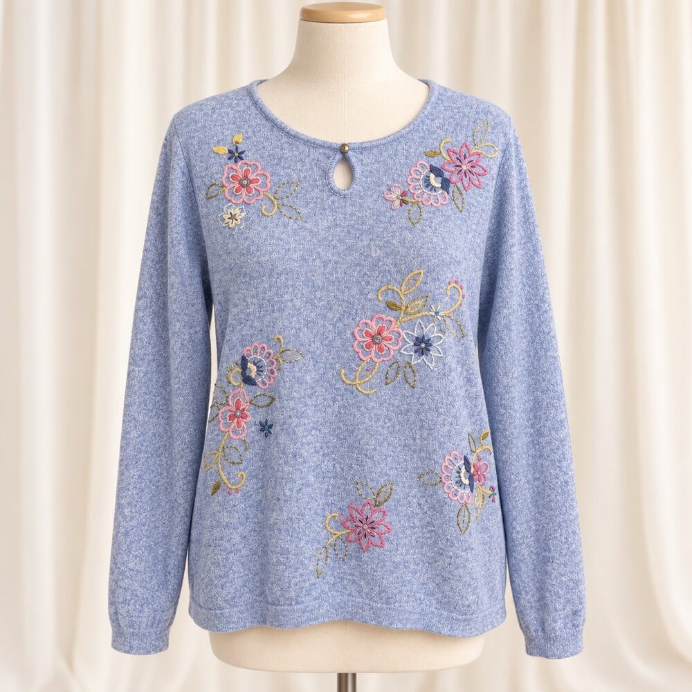 Alfred Dunner Sweater 1X Blue Floral Embroidered Keyhole Cotton Cottagecore